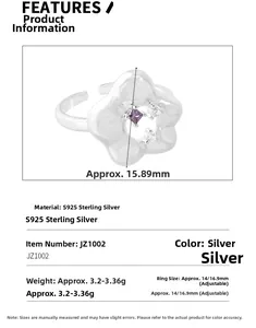 Detail view of S925 sterling silver flower ring with purple zircon and sizing parameters