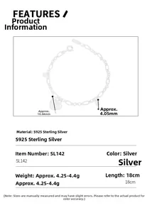 Detailed size specifications of the S925 sterling silver heart bracelet showing 10mm pendant