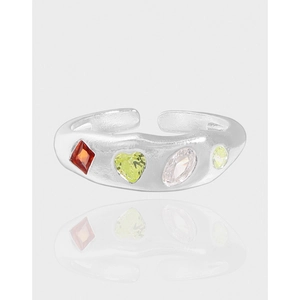S925 Sterling Silver Open Ring Multi-color Zirconia Inlaid Wave Texture Adjustable Finger Ring For Women Minimalist Jewelry Gift
