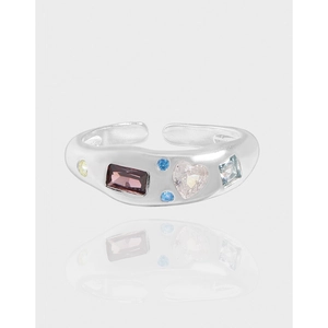 925 Sterling Silver Open Ring For Women Niche Design Multicolor Zirconia Inlaid Adjustable Geometric Luxury Finger Ring Jewelry