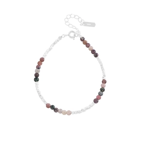 S925 sterling silver beaded bracelet with colorful tourmaline stones and square silver spacers