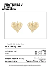 Detail showing molten texture of S925 sterling silver heart earrings with 18K gold finish