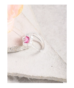Close-up of S925 silver adjustable flower ring with pink rectangle zircon stone