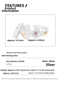 Detail view of S925 sterling silver bow heart ring with dimensions and adjustable size