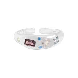 Polished S925 sterling silver open ring with colorful zircon gemstones in candy tones