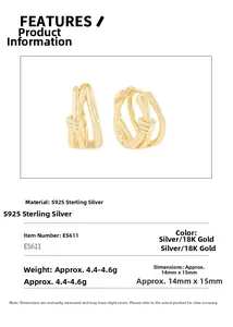 Detailed size chart for S925 sterling silver knotted earrings with dimensions and weight