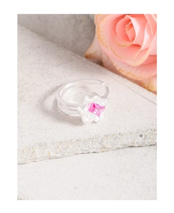 Detailed shot of S925 silver ring with rose pink zircon flower and double-row band