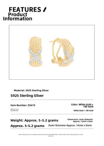 Detail view of two-tone braided S925 silver earrings with zircon X-shape crossover design