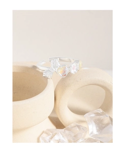 Detailed macro of a silver heart-shaped moonstone ring with delicate butterfly wings