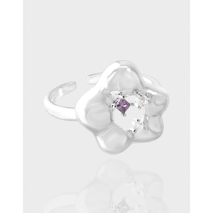 S925 Sterling Silver Flower Open Adjustable Ring For Women Minimalist Purple Zirconia Inlaid Electroplated Finger Jewelry