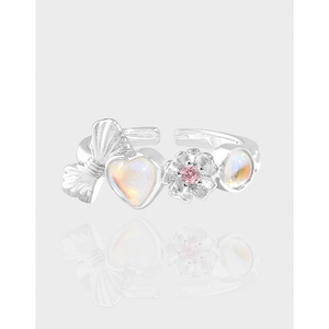 925 Sterling Silver Bowknot Heart Rhinestone Open Ring For Women Sweet Korean Style Light Luxury Adjustable Finger Ring Jewelry