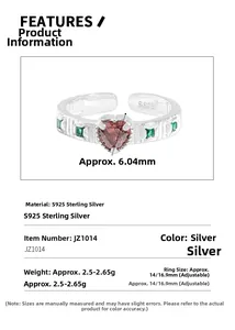 Detailed specs of S925 sterling silver ring with heart red gem and adjustable band size
