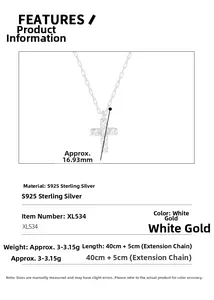 Detailed size specifications for S925 sterling silver cross necklace with white zircon