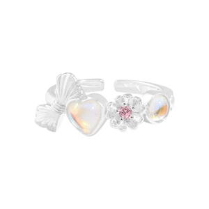 S925 sterling silver bow ring featuring heart moonstone and pink zircon details