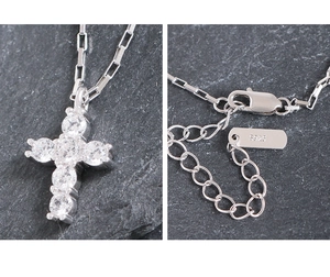 Detail of S925 sterling silver cross pendant necklace with zircon and lobster clasp