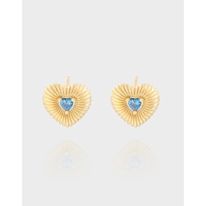 Boucles d'Oreilles Clous Cœur en Argent Sterling 925 pour Femmes Vintage Rayé Strass Bleu Incrusté Bijoux Plaqué Or Argent
