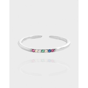 S925 Sterling Silver Rainbow Zirconia Open Ring For Women Minimalist Korean INS Style Adjustable Geometric Finger Ring