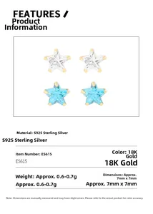Detail view of S925 sterling silver star stud earrings with blue and white zircon
