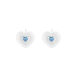 Boucles d'oreilles cœur en argent S925 avec zircon bleu et texture à nervures rayonnantes