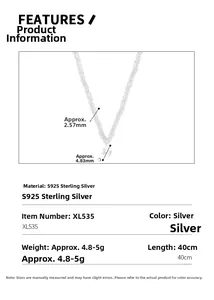Détail de la chaîne en argent 925 avec pendentif zircon 4,83mm et infos de longueur 40cm
