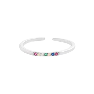 Elegant S925 sterling silver adjustable open ring with seven colorful zircon stones