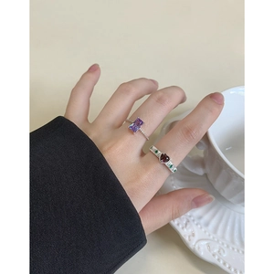 S925 silver rings set with purple rectangle and red heart-shaped zircon stones