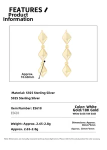 Detail view of S925 sterling silver long drop earrings with triple rhombus design features