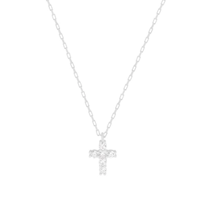 Polished S925 sterling silver cross pendant necklace with zircon stones on white background