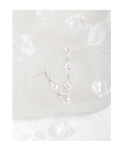 Macro detail of geometric S925 sterling silver dangle earrings with polished finish