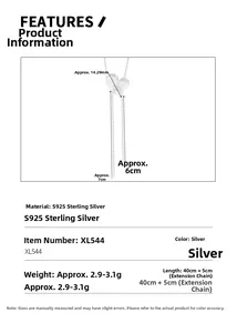 Macro detail of S925 sterling silver heart necklace with tassel and dimensions