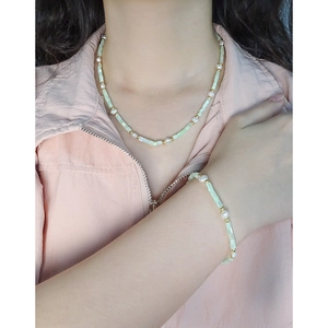 Elegant S925 silver bracelet and necklace set with green beads and baroque pearls