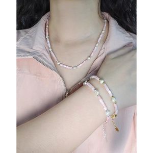 Baroque pearl and pink shell beaded necklace set with 925 sterling silver for women