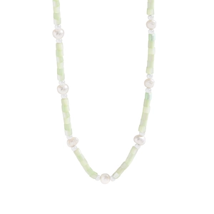 Baroque pearl necklace with light green rectangular beads on a minimalist white background