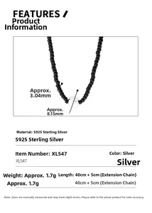 Detail view of S925 sterling silver necklace with black beads and technical dimensions