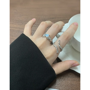 S925 sterling silver heart opal ring set with a liquid metal texture lava style finish