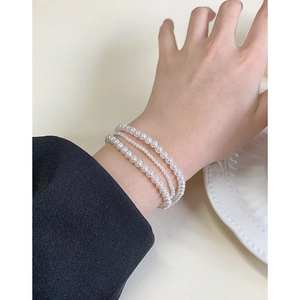 Three-layer S925 sterling silver pearl bracelet set with elegant white shells