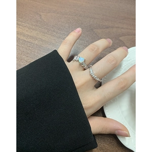 S925 sterling silver heart opal ring with lava texture and irregular stacked beads