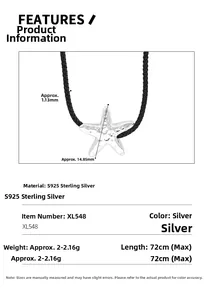 Detailed specs of S925 sterling silver starfish pendant with black cord necklace dimensions
