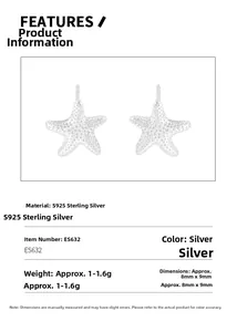 Dettaglio orecchini a stella marina in argento S925 con specifiche di peso e dimensioni