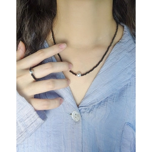 Minimalist S925 silver and black onyx bead necklace and elastic ring jewelry set
