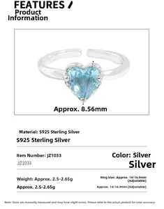 Macro detail of S925 sterling silver ring featuring a 8.56mm heart-shaped blue stone