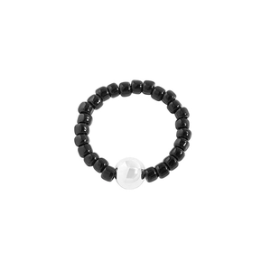 Anello elastico in argento S925 con perline di onice nero e sfera centrale in argento lucido