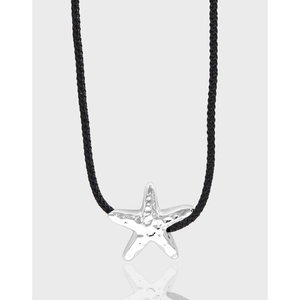 S925 Sterling Silver Starfish Pendant Necklace Minimalist Hammered Texture Adjustable Black Cord Wax Rope Jewelry For Women