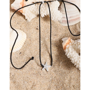 S925 silver starfish pendant necklace with hammered texture and adjustable black cord