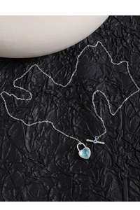 Detailed close-up of S925 silver necklace with sea blue heart pendant and OT toggle clasp