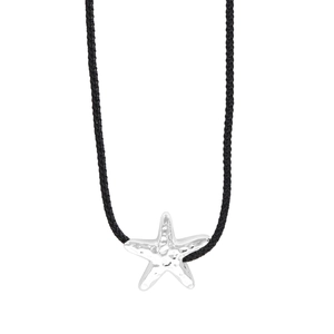 Minimalist S925 silver starfish pendant necklace with black cord on white background