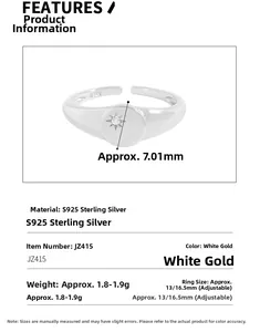 Detail view of S925 sterling silver moon star ring with zircon inlay and product specs