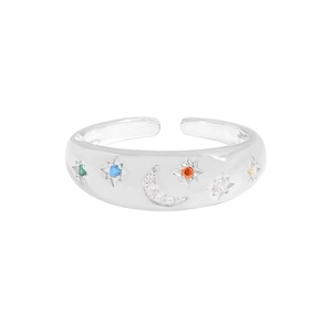 S925 sterling silver adjustable ring featuring colorful zircon stars and moon design
