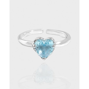 S925 Sterling Silver Heart Shaped Sea Blue Rhinestone Open Ring For Women Elegant Korean Style Adjustable Jewelry Gift