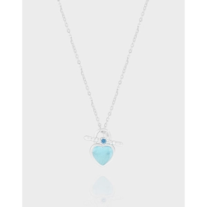 925 Sterling Silver Sea Blue Heart Pendant Necklace For Women Korean Ins Minimalist Toggle Clasp Rhinestone Fashion Jewelry